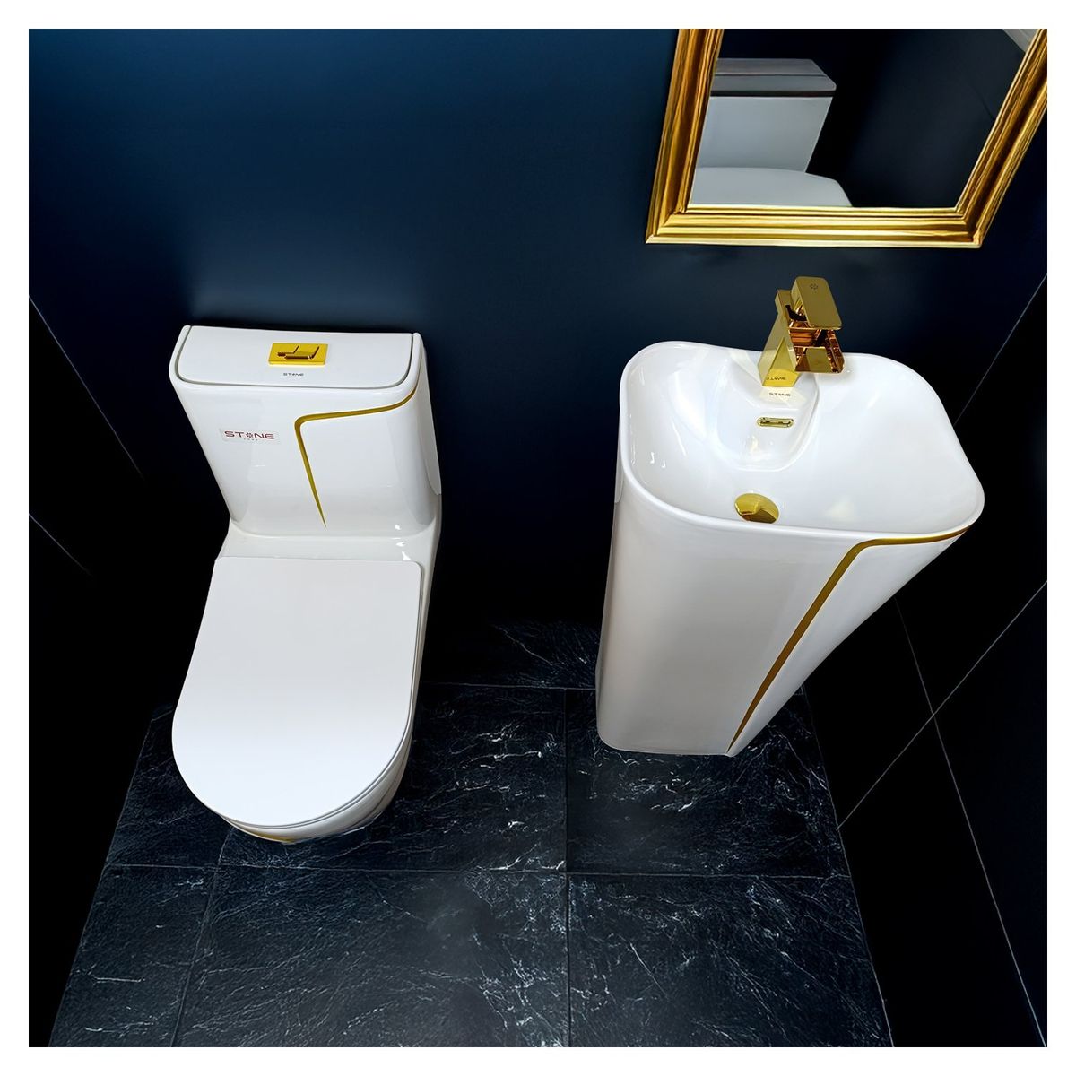 STONE - COMBO INODORO HANK REDONDO BLANCO C DORADO - GAIL BLANCO STONE