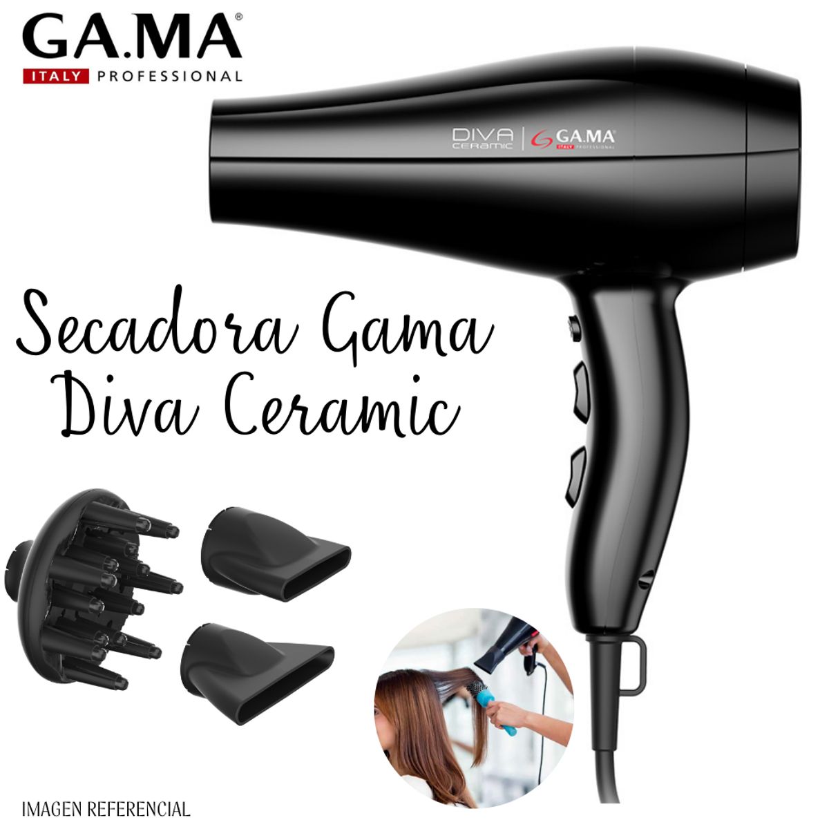 GAMA - Secadora de Cabello Profesional Gama Diva Ceramic-Negra 2300 watts.