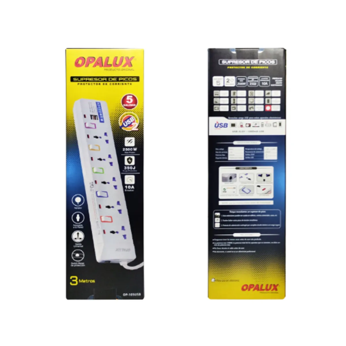OPALUX - Supresor de Picos 5 Salidas + 2 Puertos USB OP-105USB OPALUX
