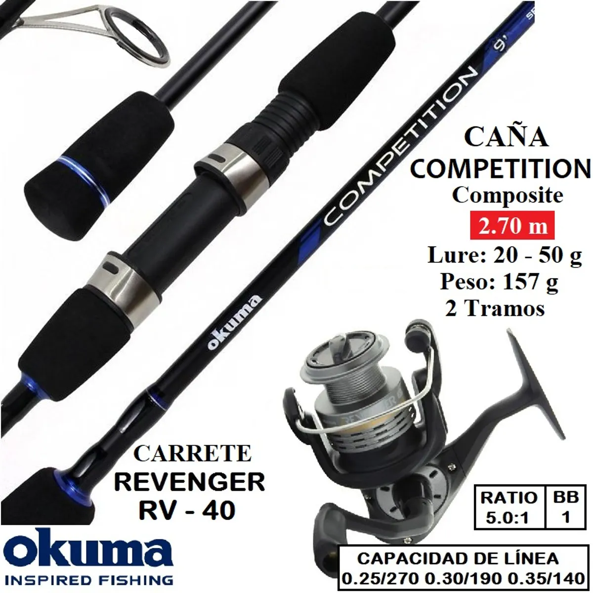 OKUMA - Equipo De Pescar Caña De 2.70 M Con Carrete Okuma 40 Combo