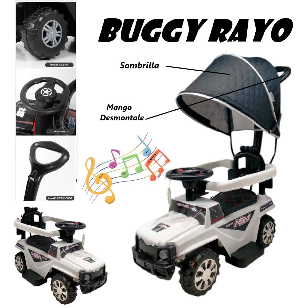 GENERICO - Buggie Rayo Guiador Musical Luces 3 en 1 con Desmontable-BL