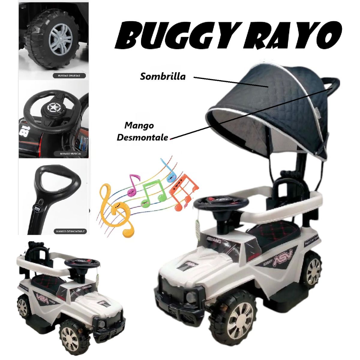 GENERICO - Buggie Rayo Guiador Musical Luces 3 en 1 con Desmontable-BL