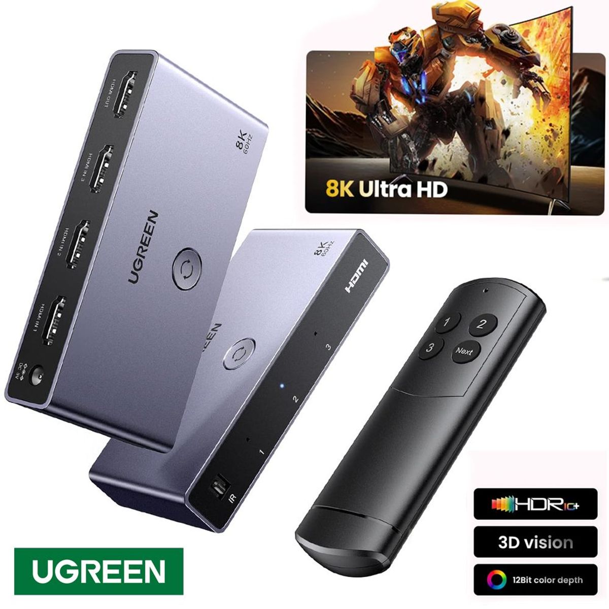 UGREEN - Hdmi Switch 8k 3 x1 UGREEN control remoto 3D Multiplicador HDR 8k 60hz