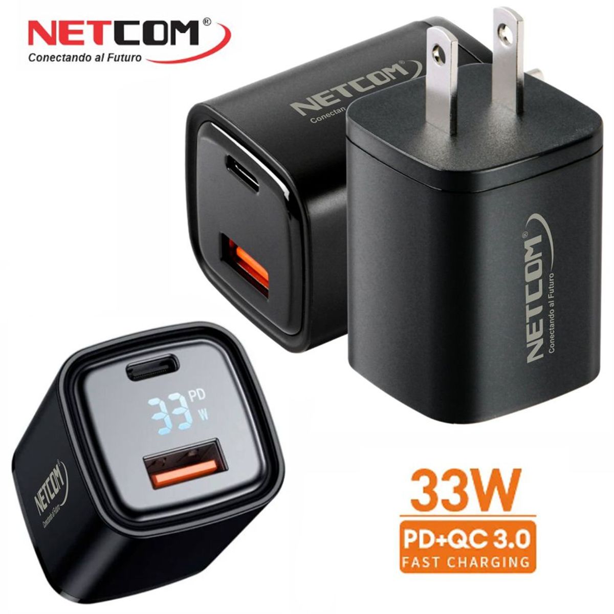 NETCOM - Cargador de Pared CARGA RAPIDA PD33W QC3.0 usb 3.0 tipo C NETCOM