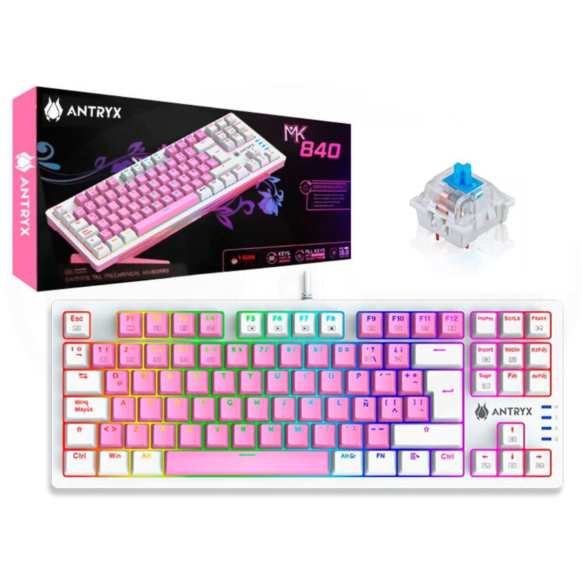 ANTRYX - TECLADO MECANICO SWITCH BLUE TKL ANTRYX CHROME STORM MK840 PINK RGB
