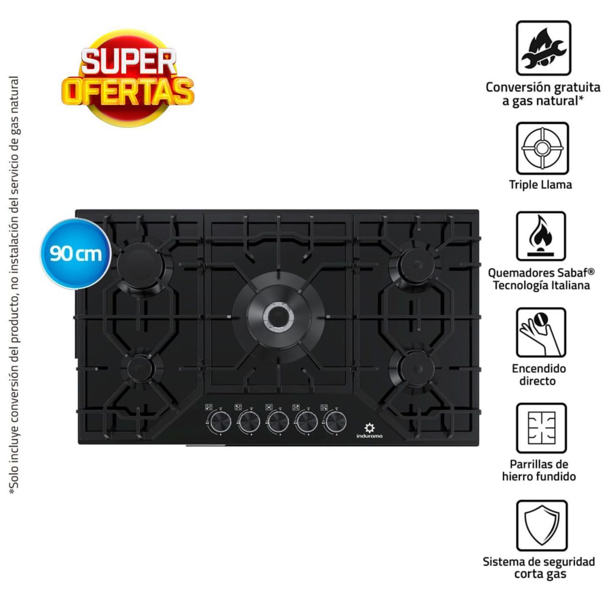 INDURAMA - Encimera Indurama 5 quemadores a gas EGASI-905CGNE Negro