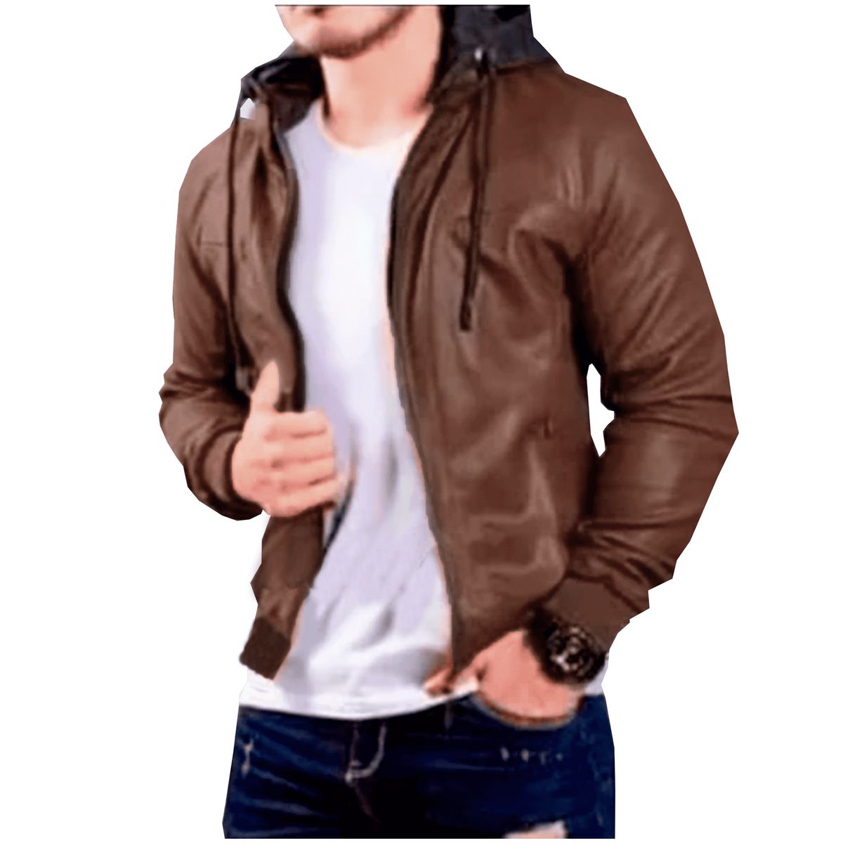 GENERICO - CASACA DE HOMBRE CUERO IMPORTADO CON CAPUCHA