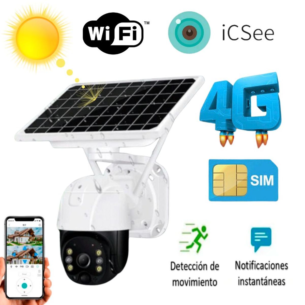 SEISA - Camara de Seguridad Vigilancia Solar Para Exteriores con Tarjeta Sim CHIP 4G