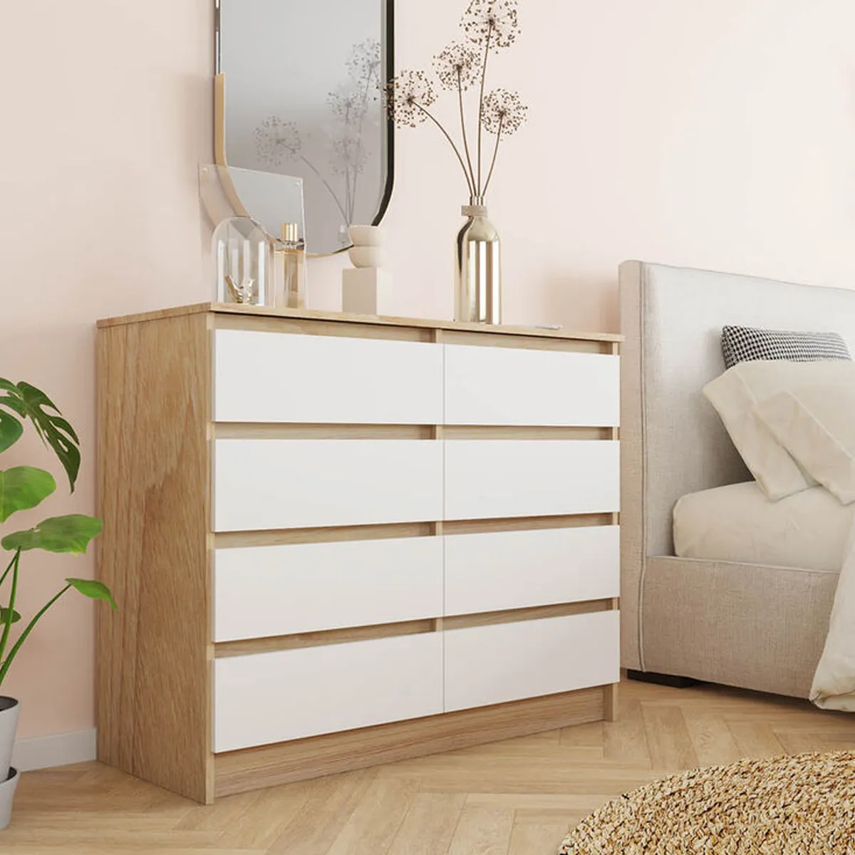 GENERICO - Comoda Melamina Blanco - Duna 1.20m 8 Cajones