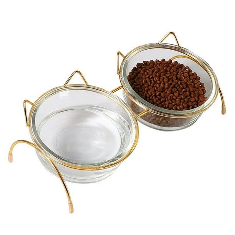 GENERICO - Plato doble para gato con base metálica cuenco de vidrio