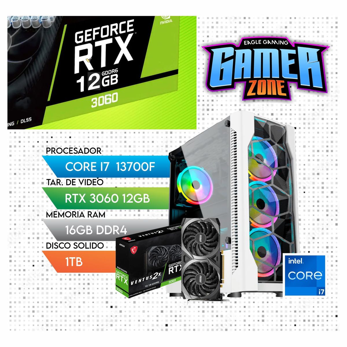 INTEL - Computadora PC Gamer Core i7 13700F + RAM 16GB + SSD 1TB + VIDEO RTX 3060 12GB