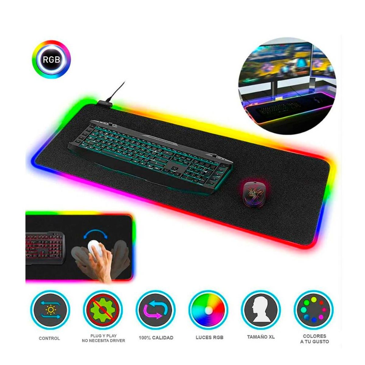 GENERICO - Pad Mouse Gamer Rgb Retro Iluminada De 80x30cmx04mm