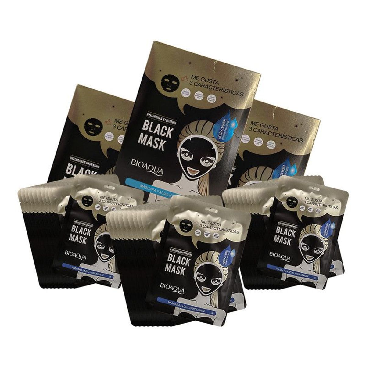 BIOAQUA - 3 Mascarilla Negra Hidratante Hyaluronan 30G X 10 Uds - Bioaqua