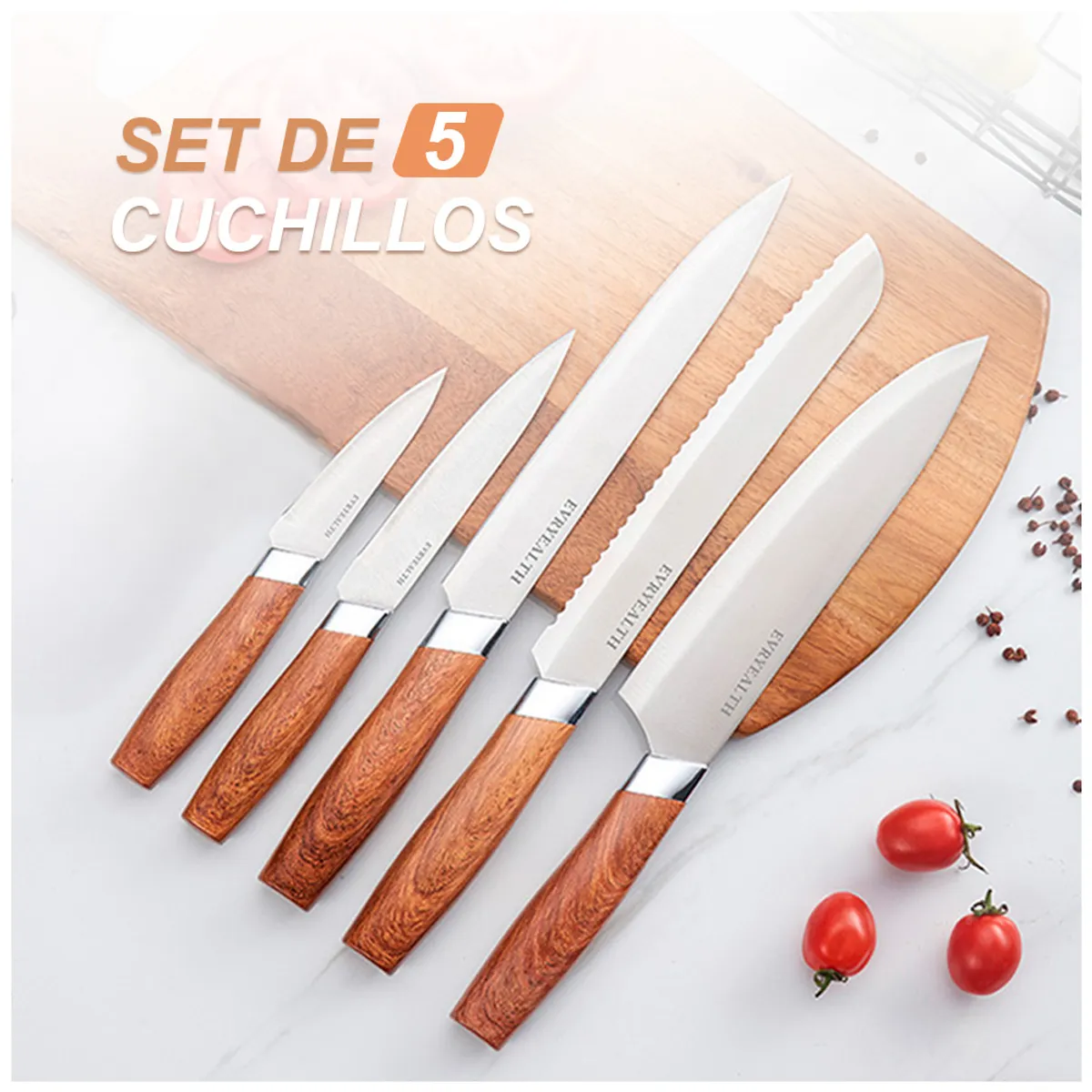 KELLER - Juego de Cuchillos 5 Piezas de Acero con Base Marrón K22