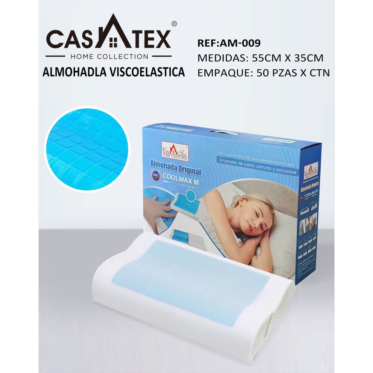 CASATEX - ALMOHADA VISCOELASTICA CON GEL BAMBOO CASATEX 55 CM x 30 CM.