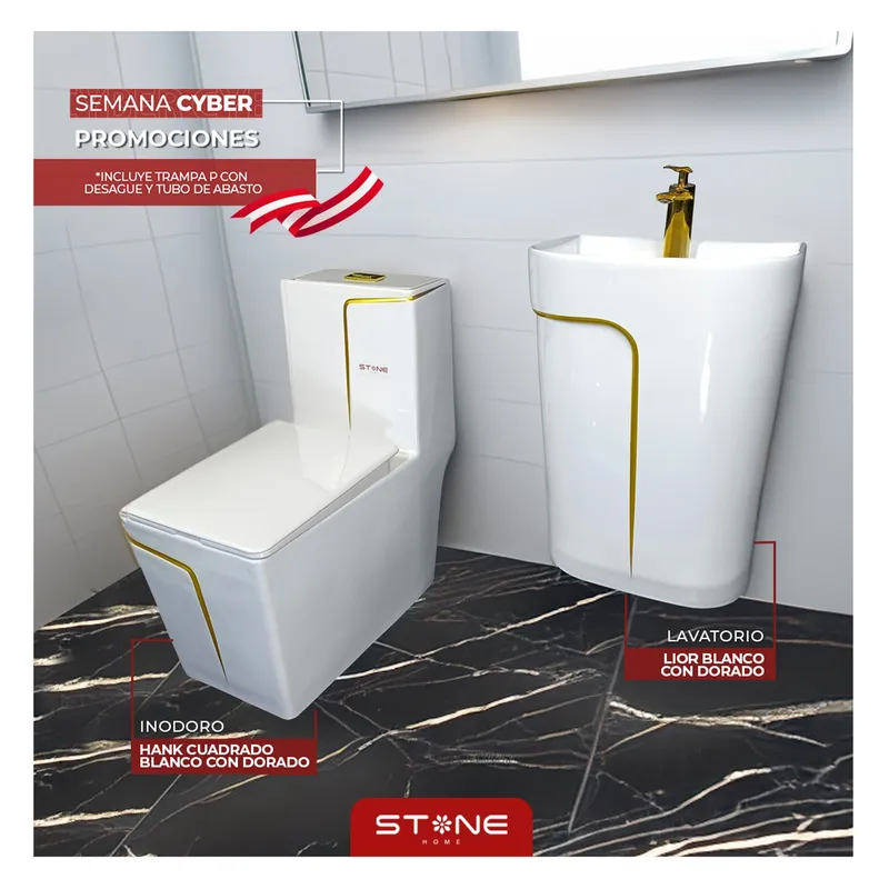 STONE - COMBO INODORO HANK CUADRADO- LAVADERO LIOR BLANCO CDORADO STONE