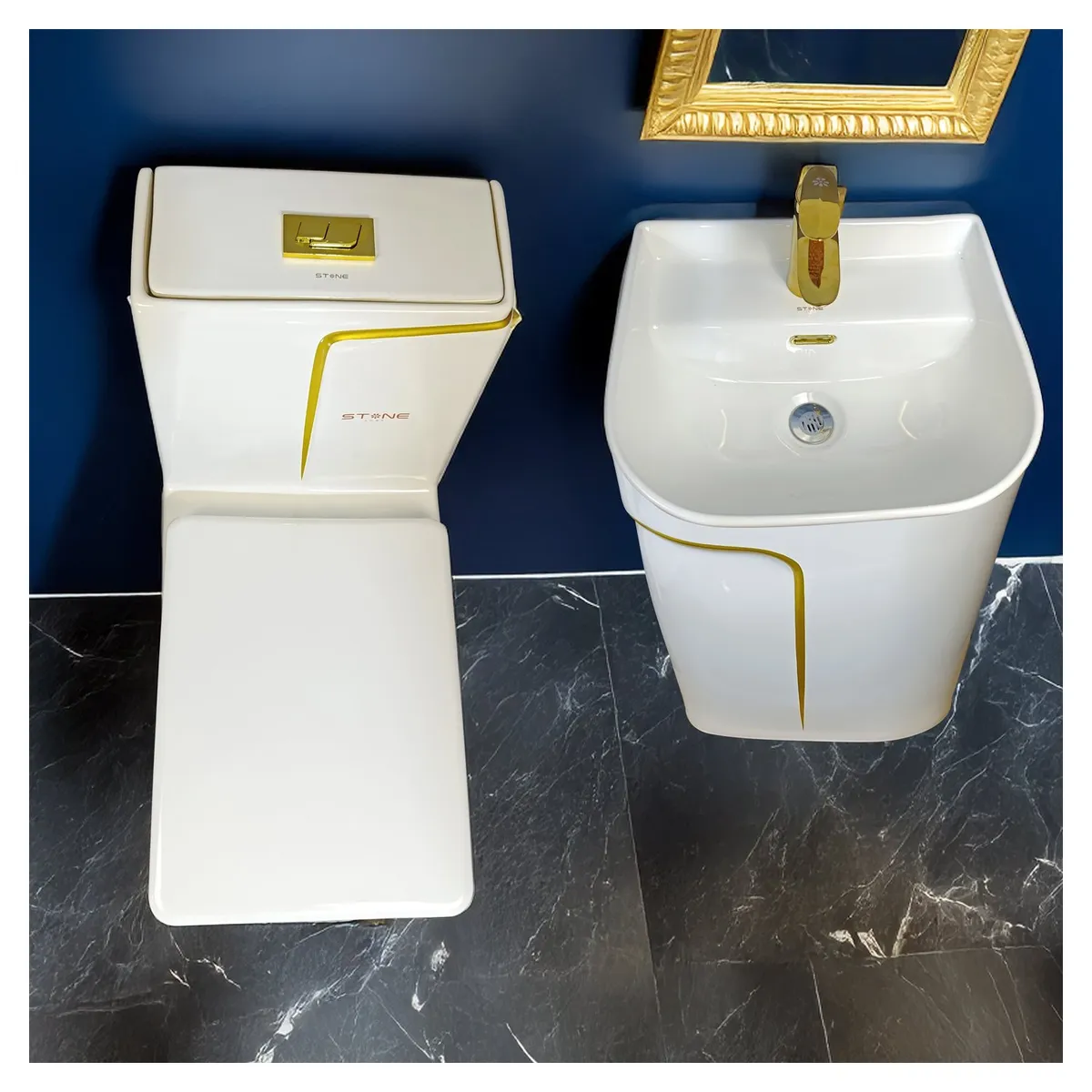 STONE - COMBO INODORO HANK CUADRADO- LAVADERO LIOR BLANCO CDORADO STONE