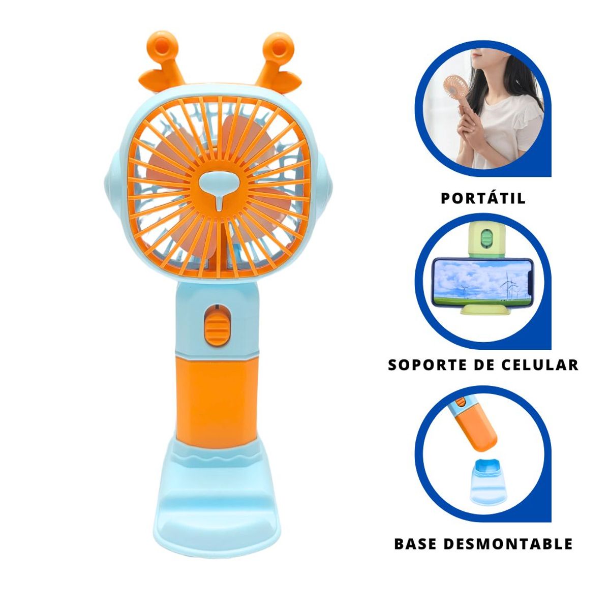 GENERICO - Ventilador de Mano Kawai Portátil Recargable Celeste