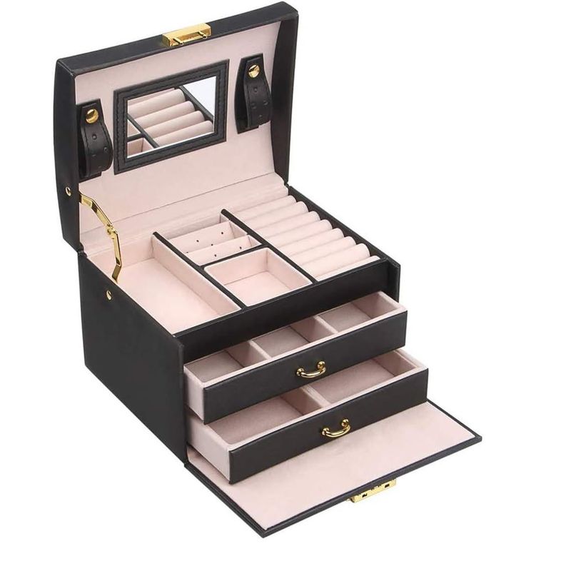 OEM - Organizador d Joyas de Cuero Multifuncional de 3 Niveles con Cerradura