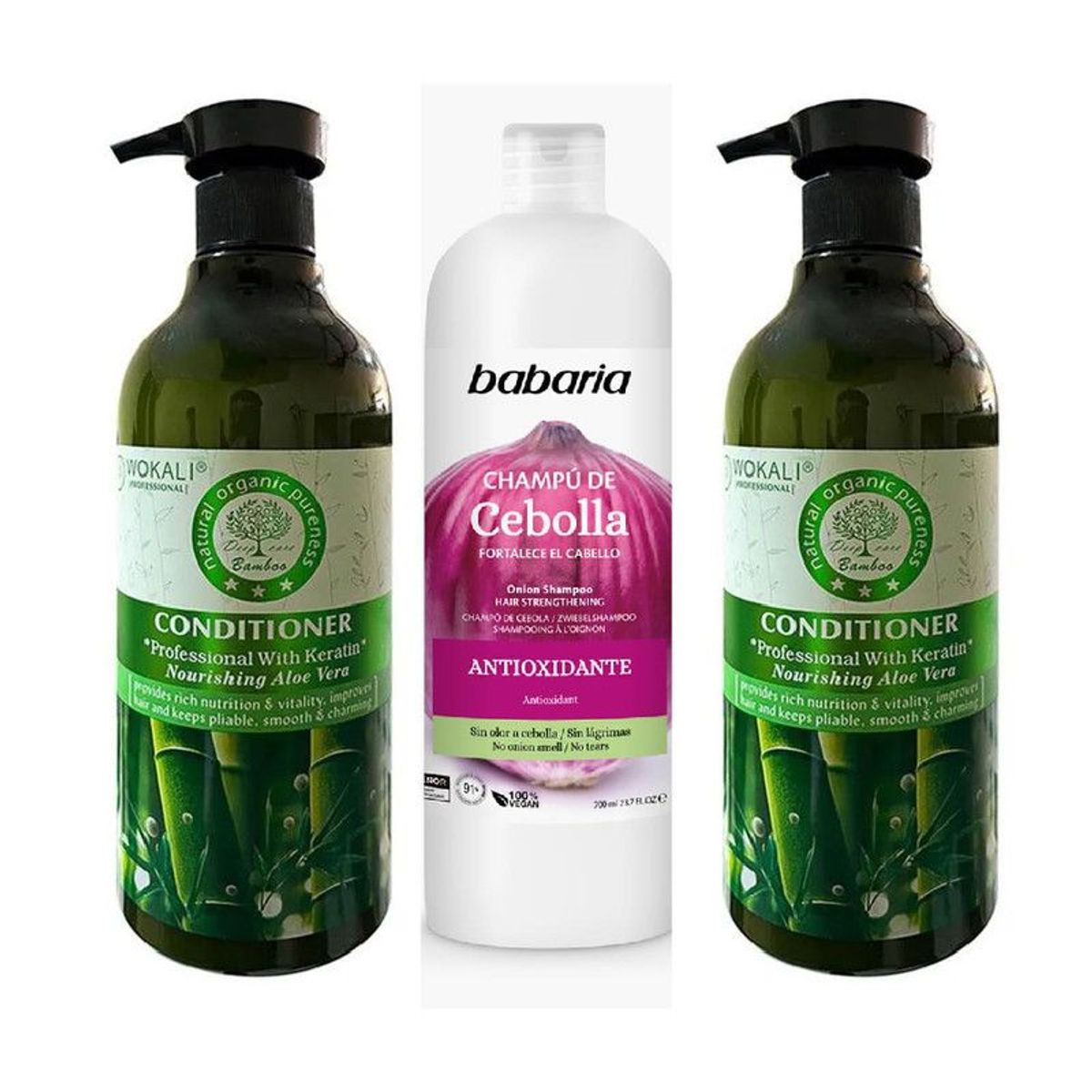 BABARIA - Pack de Shampoo Cebolla Babaria + 02 Acondicionador bamboo Wokali
