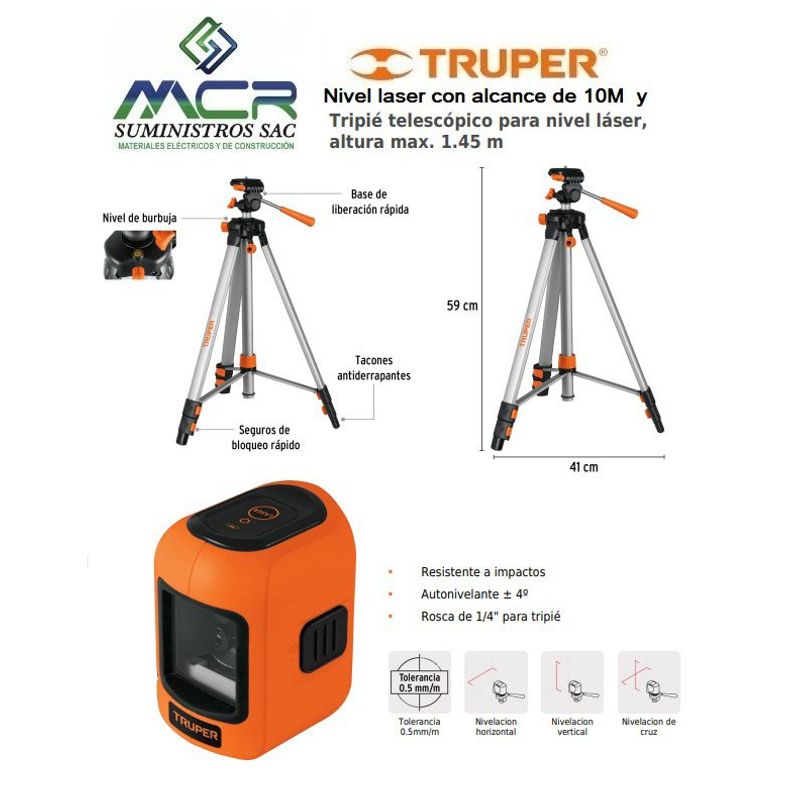 TRUPER - NIVEL LASER CON TRIPOIDE TELESCOPICO ALTURA 145M TRUPER