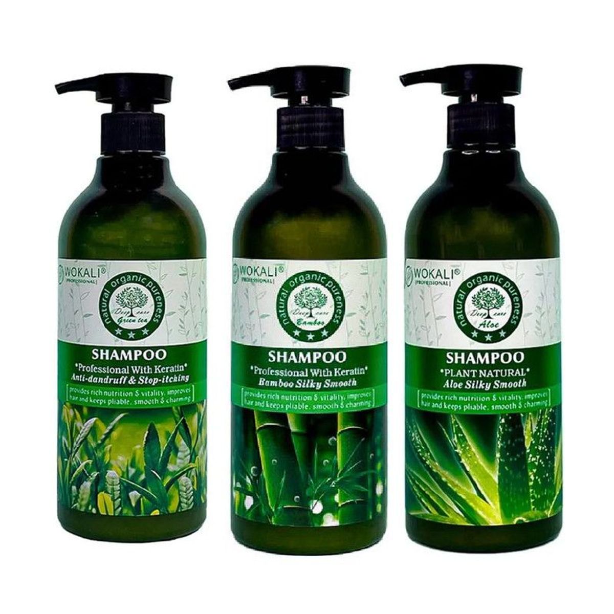 WOKALI - Pack de 3 Shampoo de Bambo Aloe Vera y Te Verde Wokaly de 550 ml