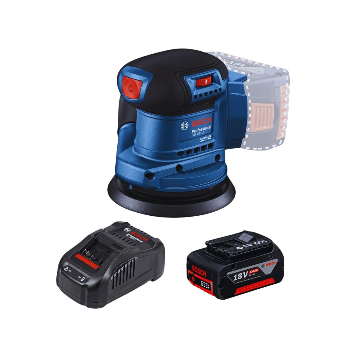 BOSCH - Lijadora Excéntrica 5 18V Bosch GEX 185-LI + 1 BATERIA DE 4 AH Y CARG