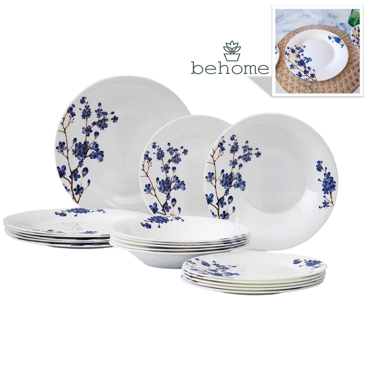 BEHOME - Set de 18 Platos Ecovidrio Azulea Behome