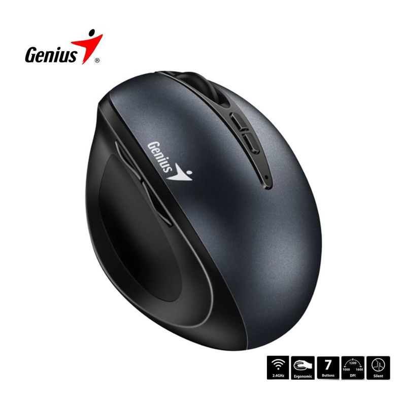 GENIUS - Mouse Vertical Wireless Ergo 8300S Silencioso 1600DPI 7Bot IronGrey