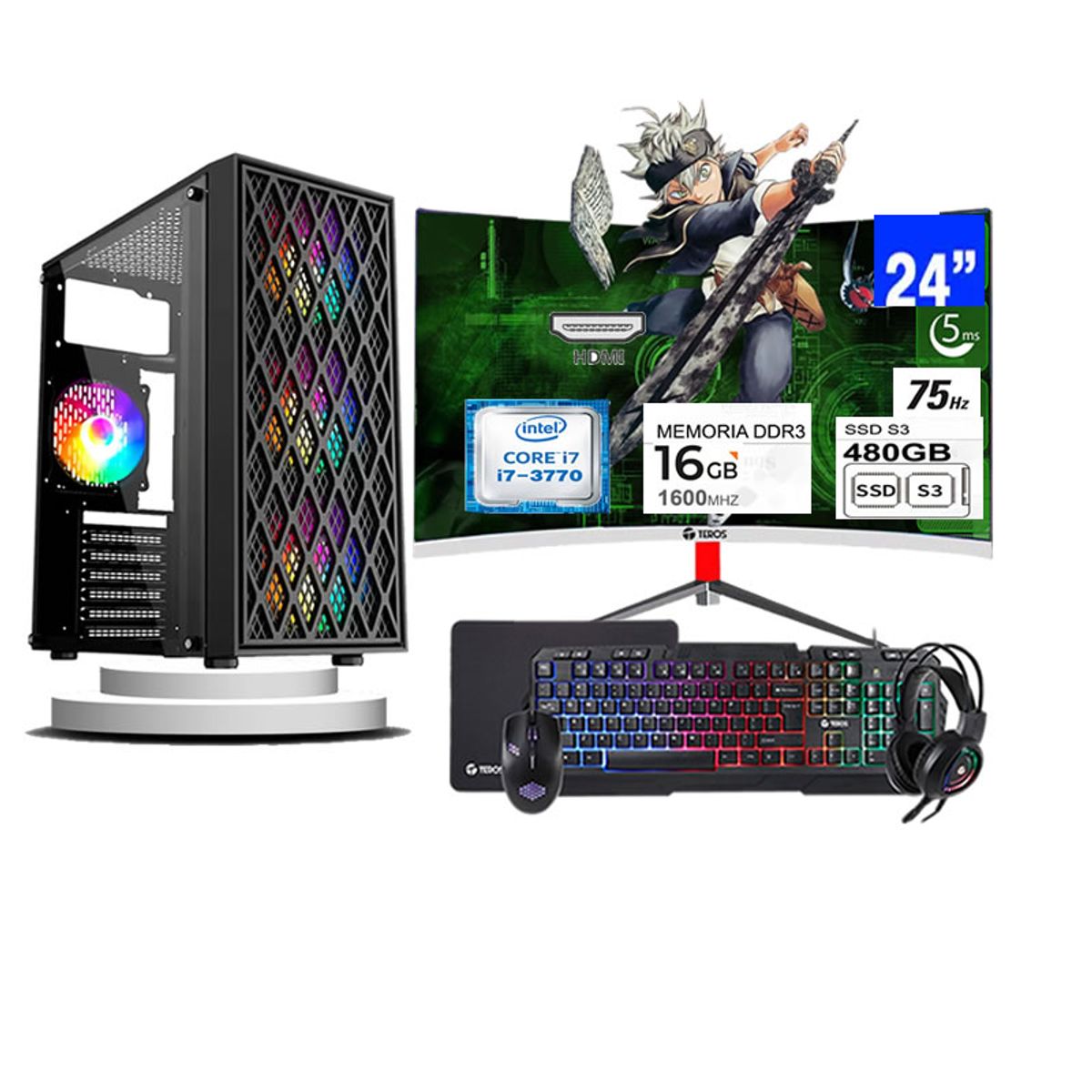 TEROS - Computadora Pc Intel Core i7 3770  Monitor 24 fhd' RAM 16 GB SSD 480 GB