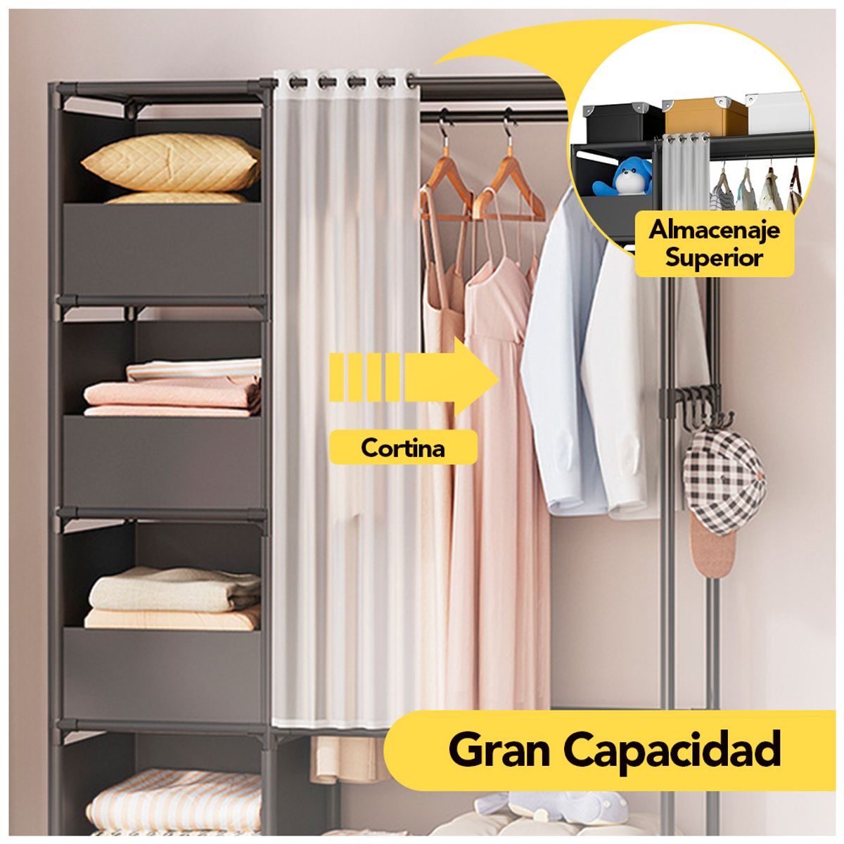 KELLER - Ropero Armario Moderno Organizador de 2 Cuerpos Negro W70