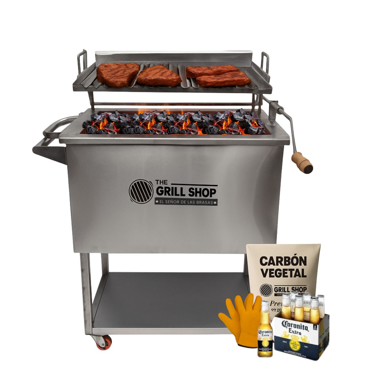 THE GRILL SHOP - Caja China Mediana Inoxidable ParrillaElevadiza+cerveza+carbon+guante