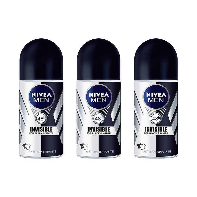 NIVEA - Desodorante NIVEA Invisible B&W Male - Power Roll On 50ML Pack x3