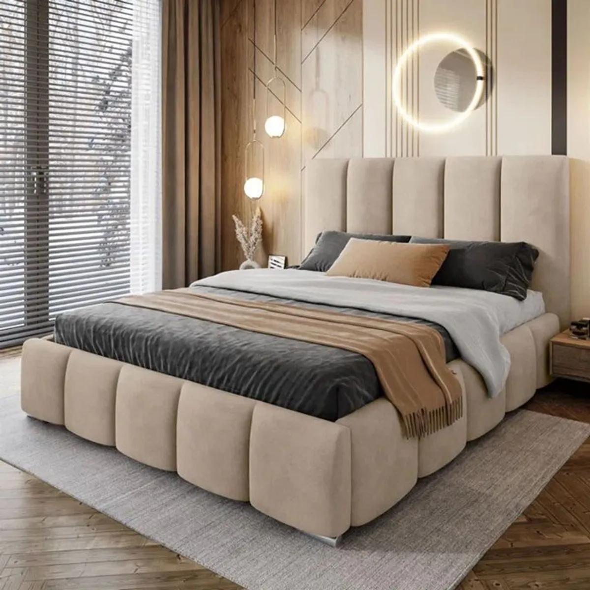 GENERICO - Cama Box Tarima + Cabecera Lisa Beige  Queen