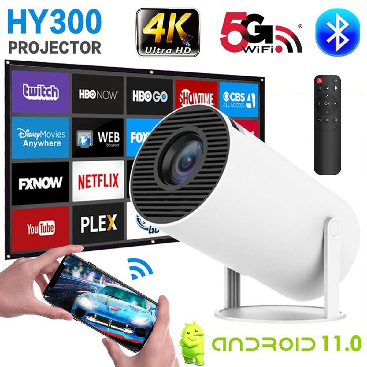 GENERICO - Proyector WiFi 5G 4K 1080P Full HD Bluetooth 5.0 android 11