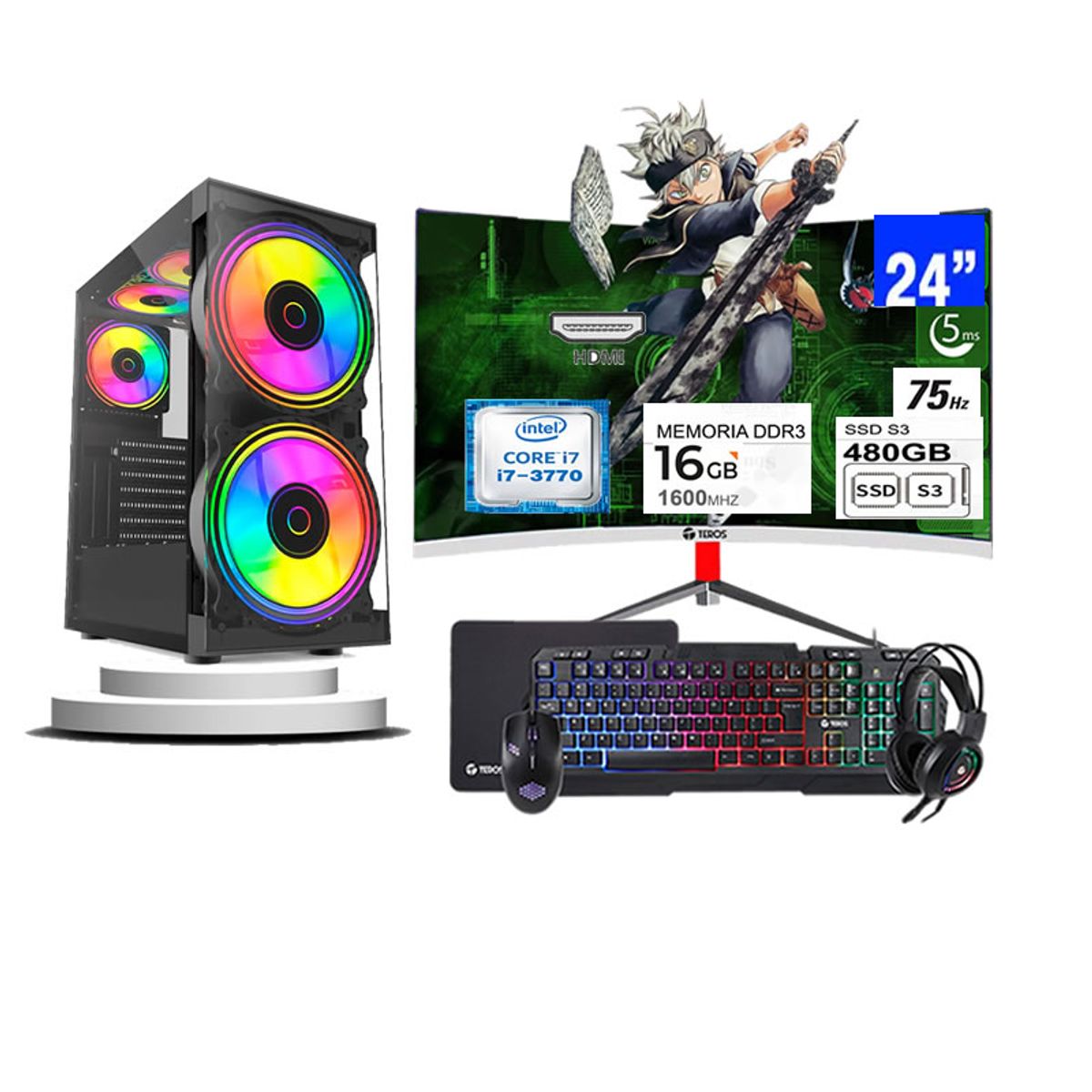 TEROS - Computadora Pc Intel Core i7 3770  Monitor 24 fhd' RAM 16 GB SSD 480 GB