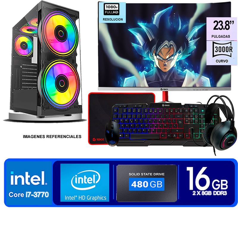 TEROS - Computadora Pc Intel Core i7 3770  Monitor 24 fhd' RAM 16 GB SSD 480 GB