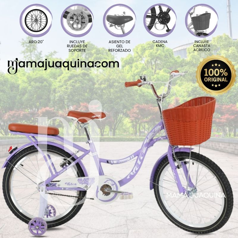 VELOX - Bicicleta Para Niña Aro 20 «LADY» con Canasta Purple