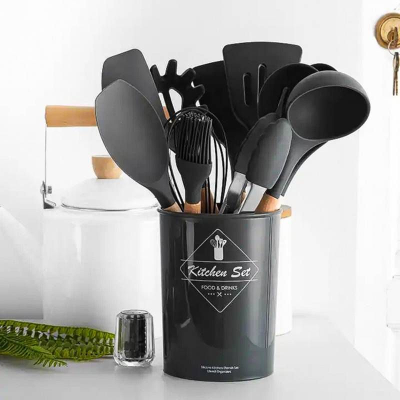 GENERICO - Set de 12 Cucharones Utensilios de Silicona y Madera Easy&Home
