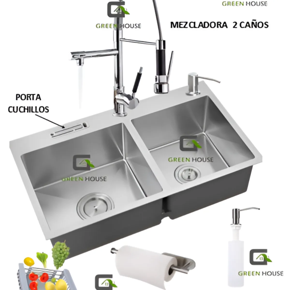 IMPORTADO MC - COMBO LAVADERO DE COCINA  2 POZAS + MEZCLADORA 2 CAÑOS CROMADO