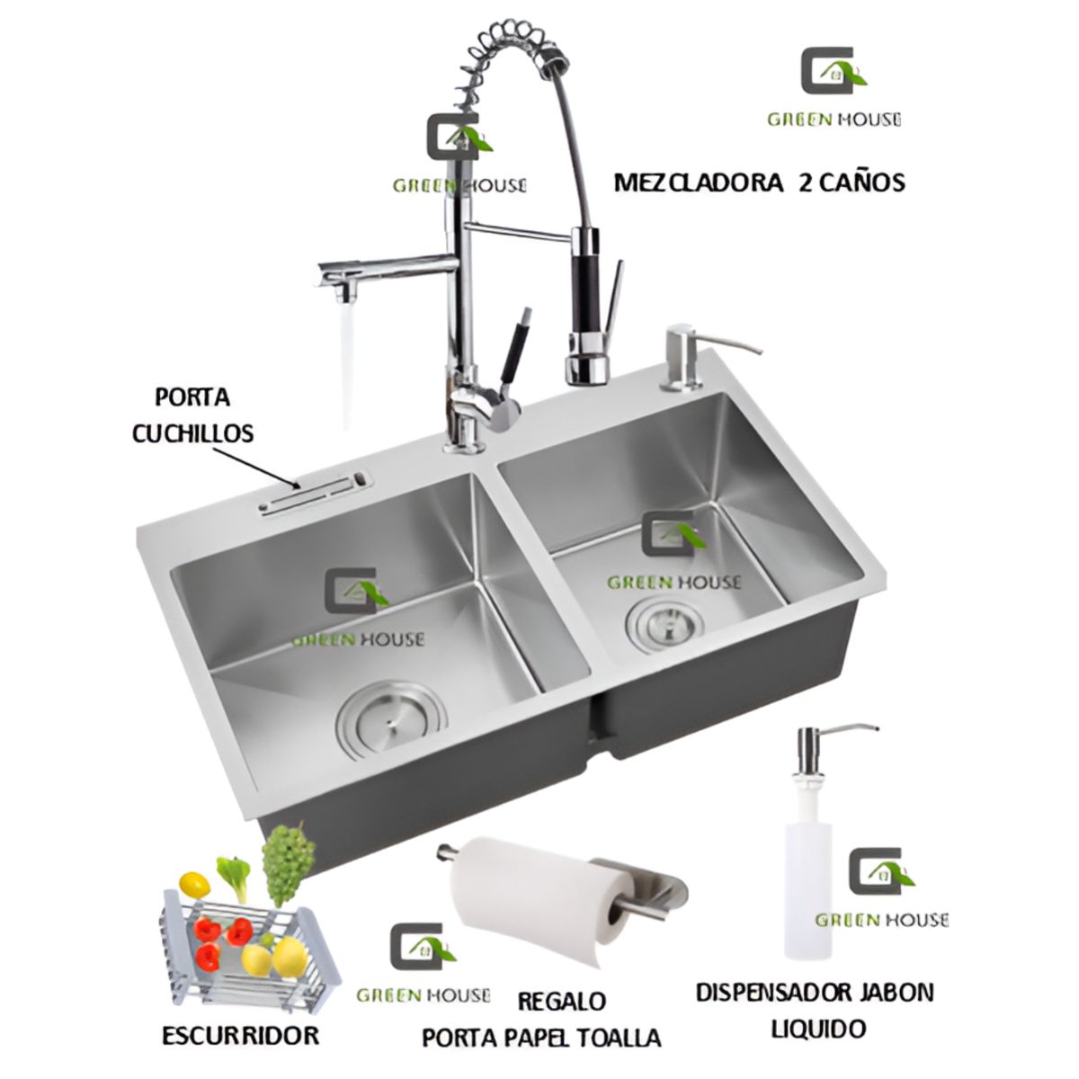 IMPORTADO MC - COMBO LAVADERO DE COCINA  2 POZAS + MEZCLADORA 2 CAÑOS CROMADO