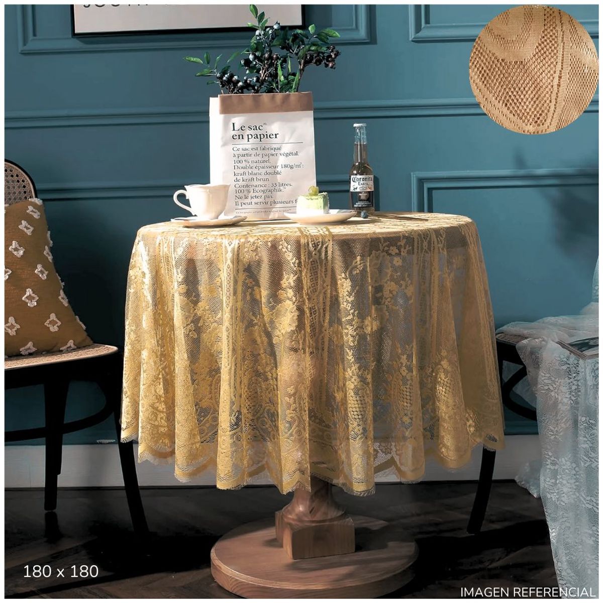 INSPIRA MARKET - Mantel de Mesa Encaje Hilo Circular 180cm x 180cm