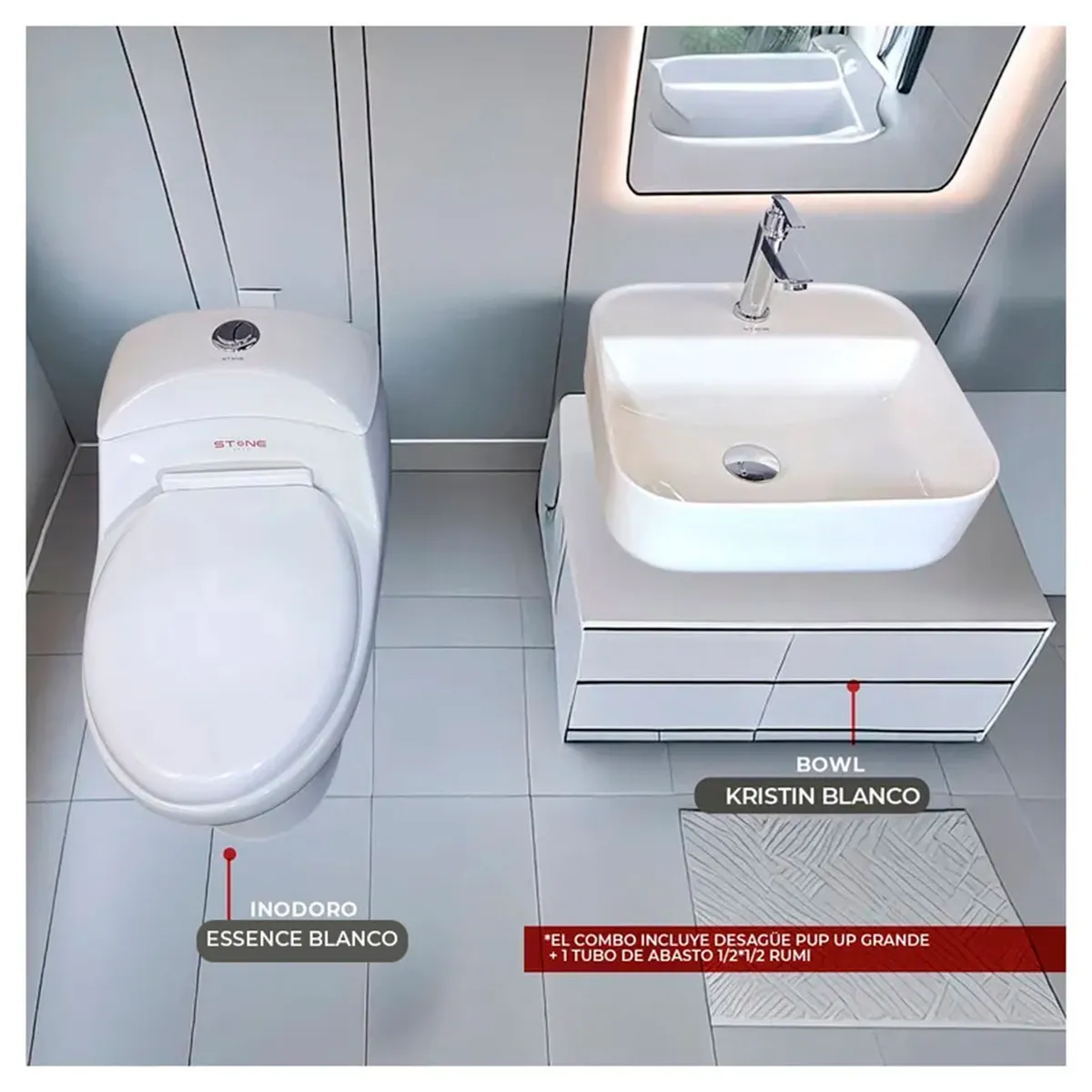 STONE - COMBO DE INODORO ONE PIECE ESSENCE BLANCO + BOWL KRISTIN BLANCO STONE