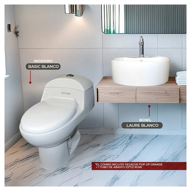 STONE - COMBO DE INODORO ONE PIECE ESSENCE BLANCO + BOWL LAURE BLANCO STONE