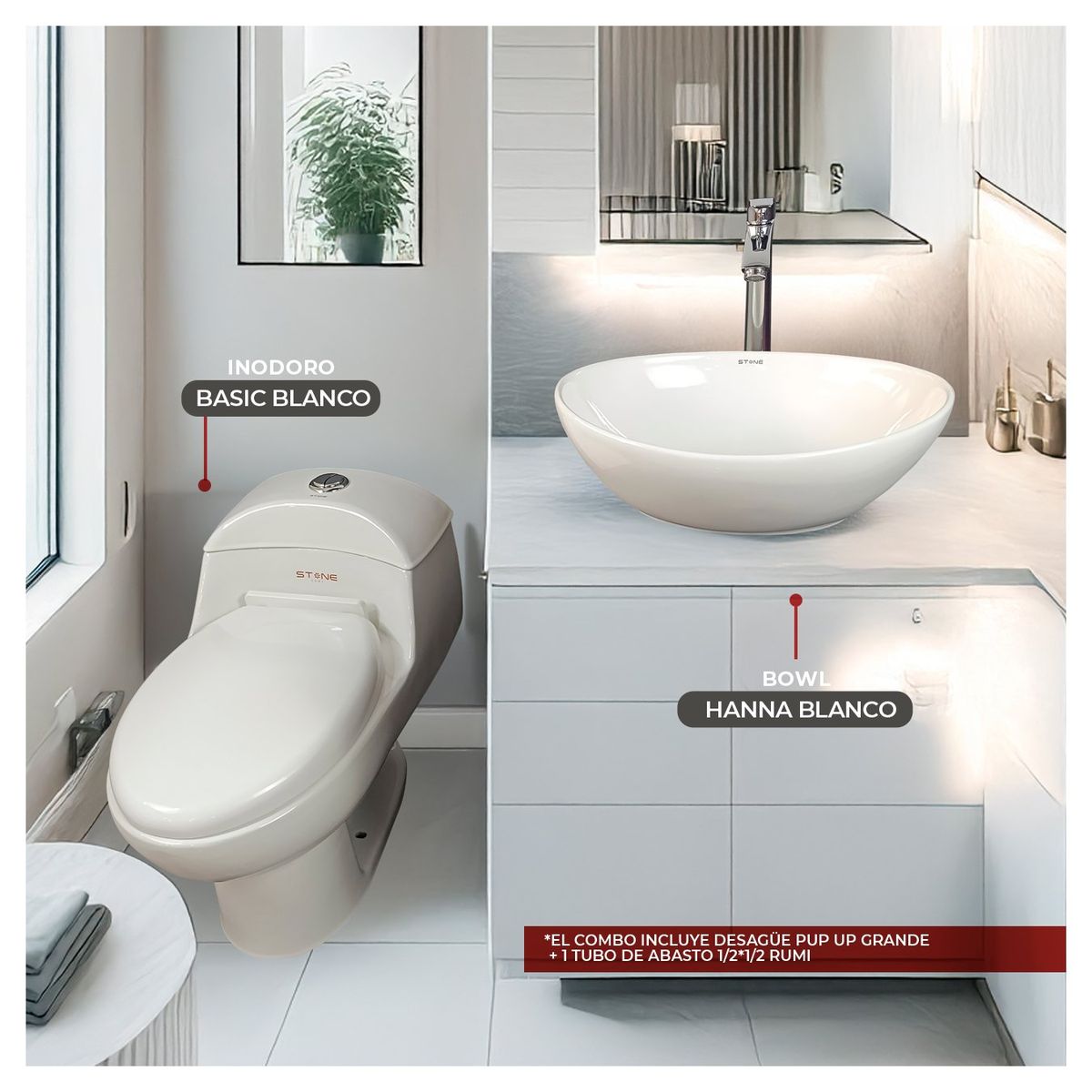 STONE - COMBO DE INODORO ONE PIECE ESSENCE BLANCO + BOWL HANNA BLANCO STONE