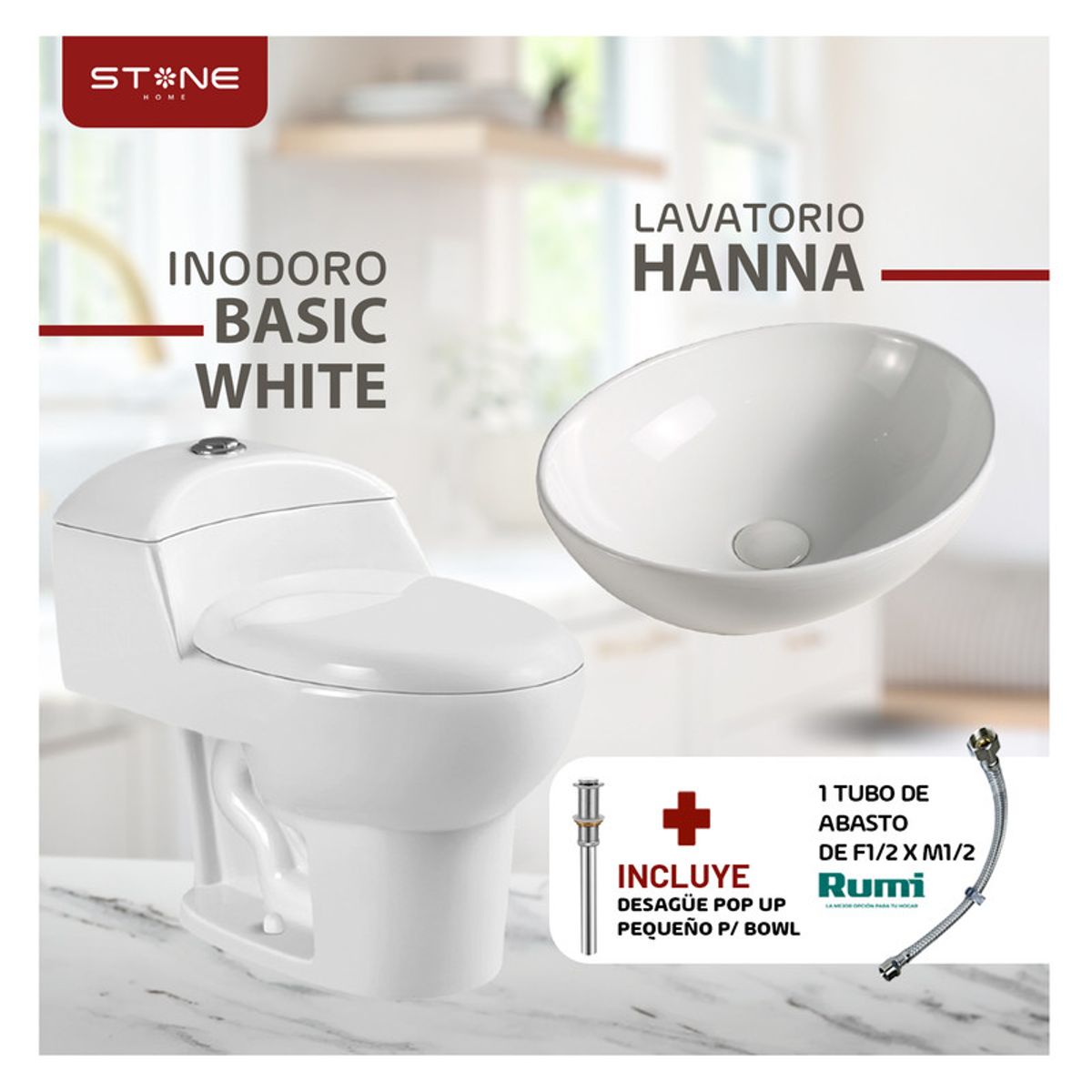 STONE - COMBO DE INODORO ONE PIECE ESSENCE BLANCO + BOWL HANNA BLANCO STONE