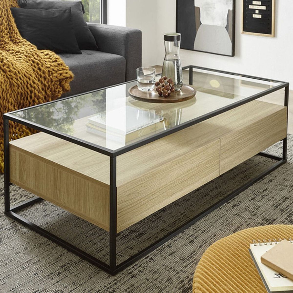 TU MESITA - Mesa de Centro tipo Industrial Bénfica con vidrio Color Duna