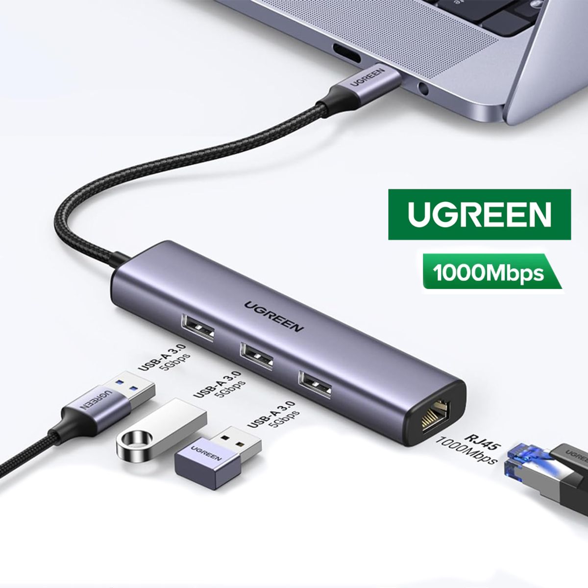 UGREEN - Adaptador Usb 3.1 tipo C a Rj45 UGREEN 1,000 MBPS + HUB 3 x USB 3.0