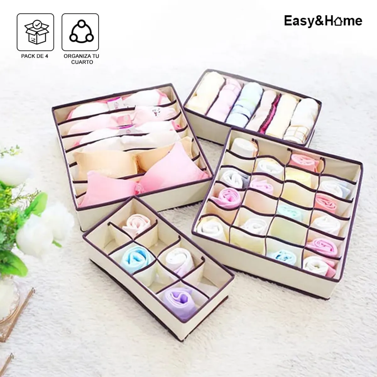 EASY&HOME - Juego de 4 Organizadores Plegables de Ropa Interior Beige