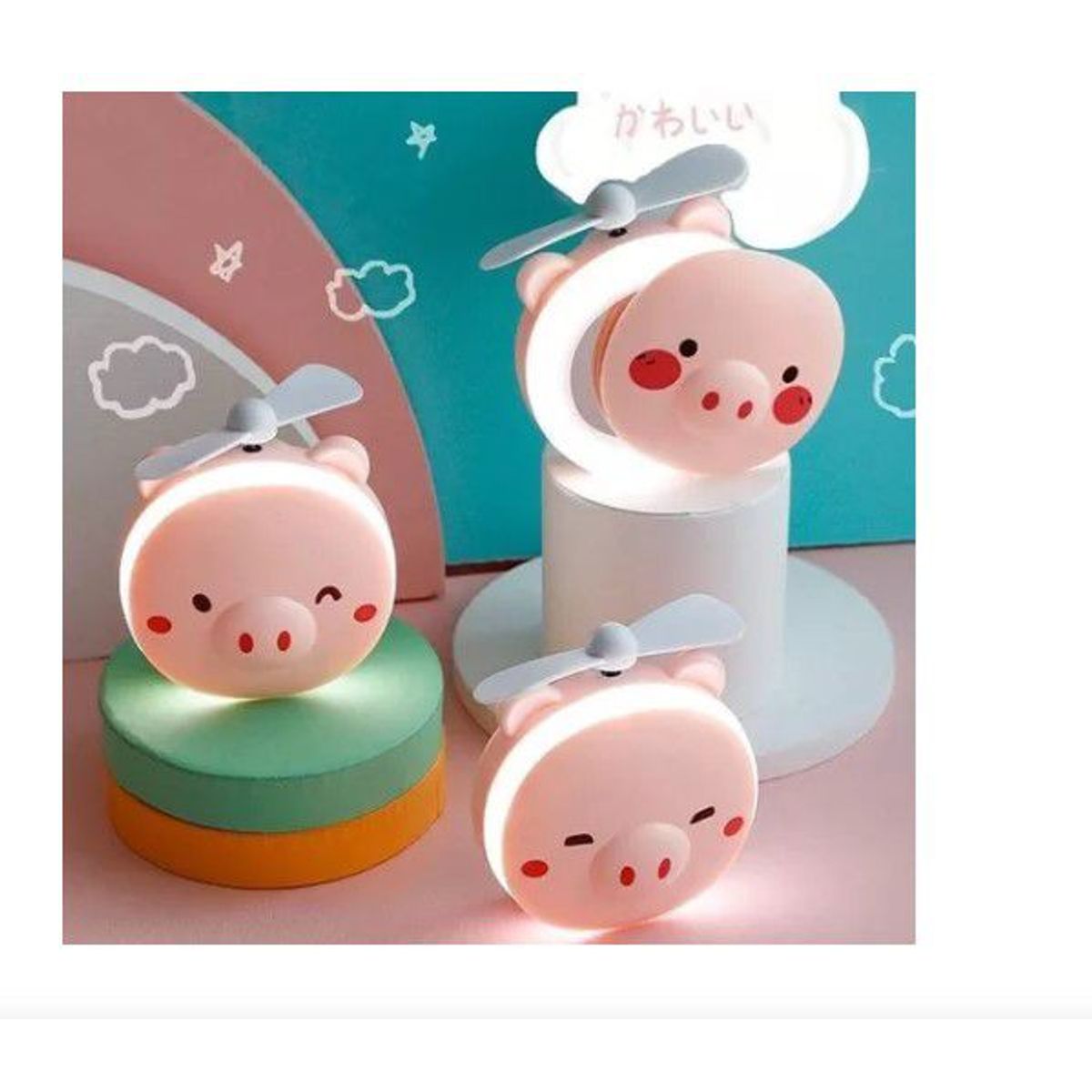 GENERICO - Mini espejo  led  ventilador cerdito 3 en 1
